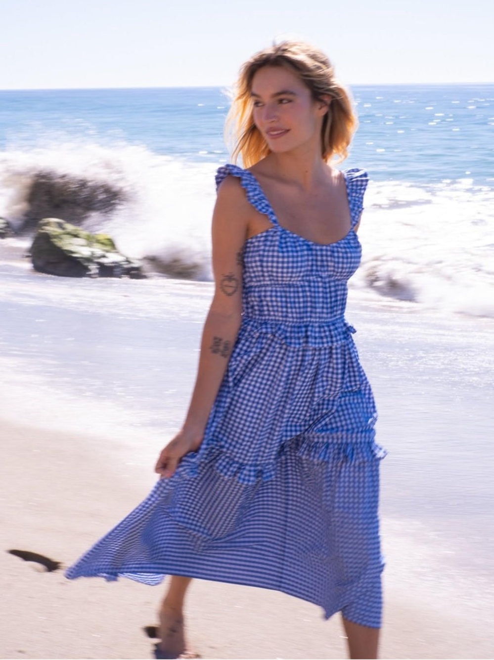NWT Bell by Alicia Bell Goldie Midi Dress in Blue Check Gingham